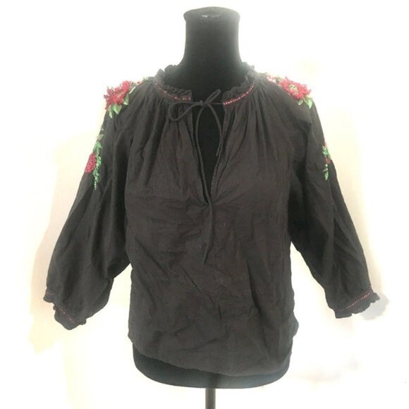 ZARA Boho Black Green Red Embroidered Voluminous 3/4 Sleeve Peasant Blouse XS - Picture 2 of 9
